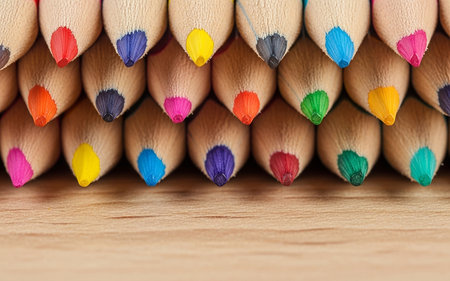 Colored pencils on a wooden background close-up macro photographyの素材