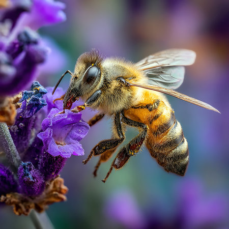 Bee on lavender flower. Bee pollinating lavender flowers.の素材