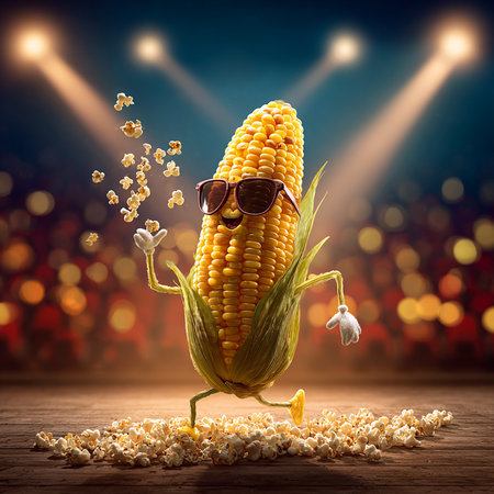 Corn character with sunglasses and popcorn on wooden table. 3d renderingの素材