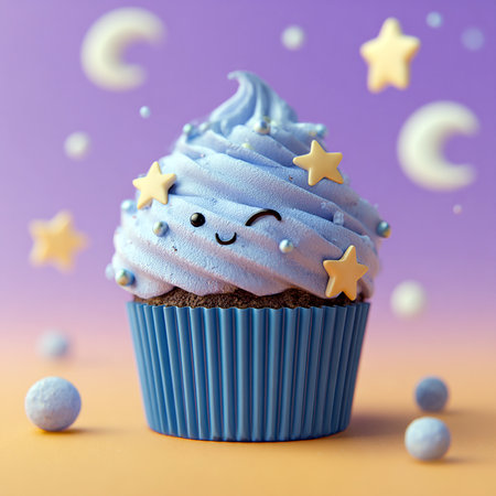 Cupcake with kawaii face and stars on color backgroundの素材