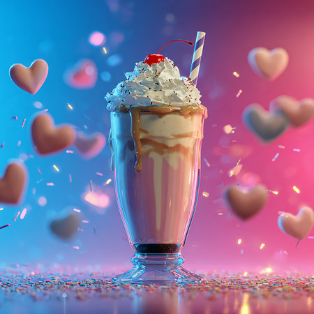 Milkshake with whipped cream and cherries in a glass on a blue background with heartsの素材