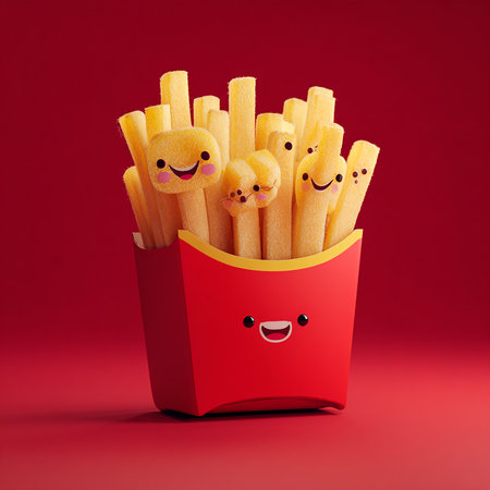Cute Smiling French Fries in Red Carton Box on Red Backgroundの素材
