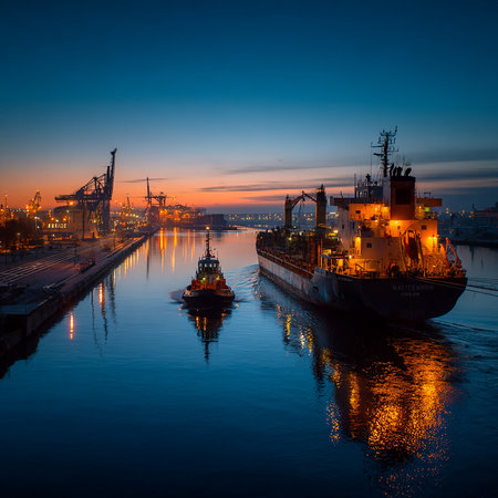 Cargo ship in the port at sunset, Odessa, Ukraineの素材