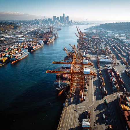 Aerial view of container terminal and cranes in Seattle, Washington.の素材