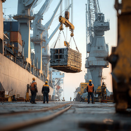 Industrial workers working in port loading and unloading bulk cargo by cranes and grabs.の素材