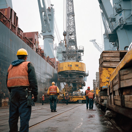 Loading of bulk cargo by ship cranes at the port terminal.の素材