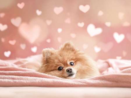 Cute pomeranian dog lying on pink plaid with heartsの素材