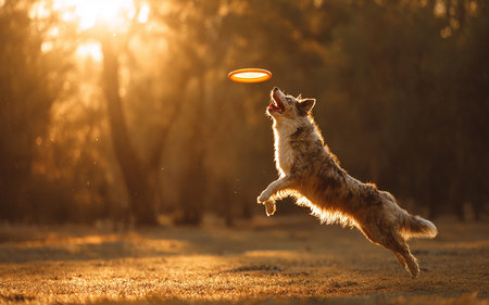 Australian shepherd dog catches a flying disc in the park at sunset.の素材