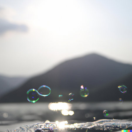 Bubbles in the water with blurred mountains in the background. Generated AI.の素材