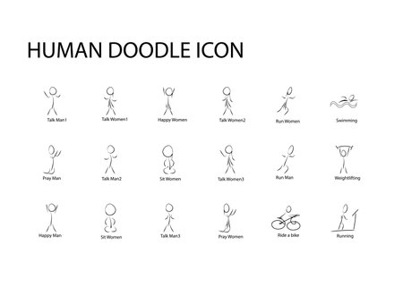 set of human icon talk sit run pray ride swimming hand draw doodle style vector and illustratorのイラスト素材