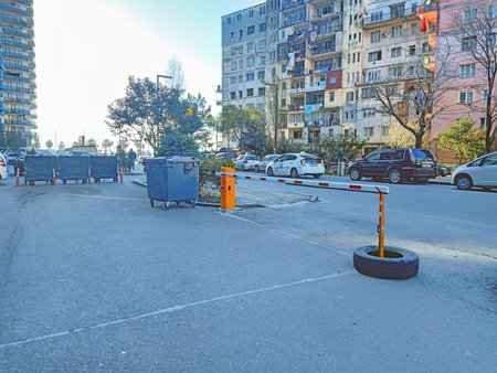 building simple exit, car vehicle entrance, parking barrier stock photo.