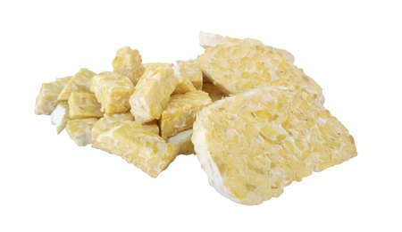 Sliced tempe fermented soybeans on whiteの写真素材