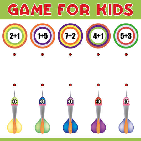 Education logic game for preschool kids. Kids activity sheet. Match of hit the target. Solve an example. Children funny riddle entertainmentのイラスト素材