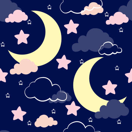 Cute pattern moon cloud stars cute 2 blue pink on blueのイラスト素材