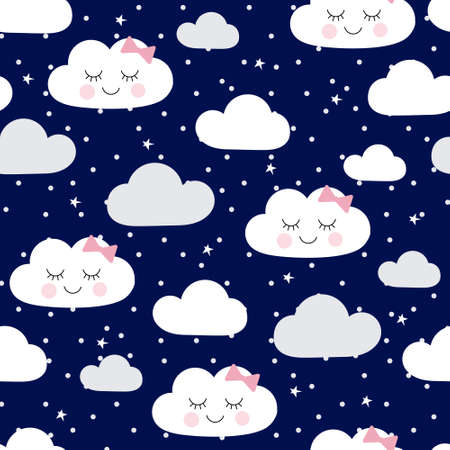 Seamless pattern cute baby shower with faces clouds on blueのイラスト素材