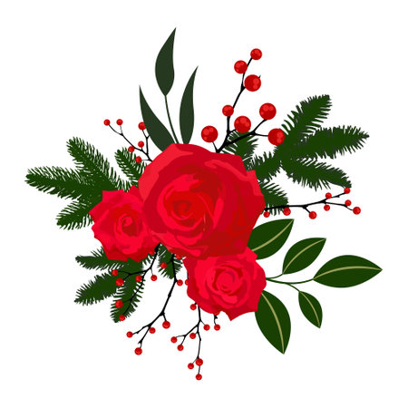 Christmas bouquet with roses and holly. Vector illustration.のイラスト素材
