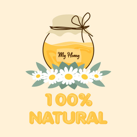 Jar of Honey and Wild Flowers, bee, stamp organic product. Vector illustrationのイラスト素材