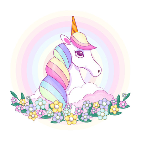 Cute unicorn with glittering and rainbow hair over dark background with stars.のイラスト素材