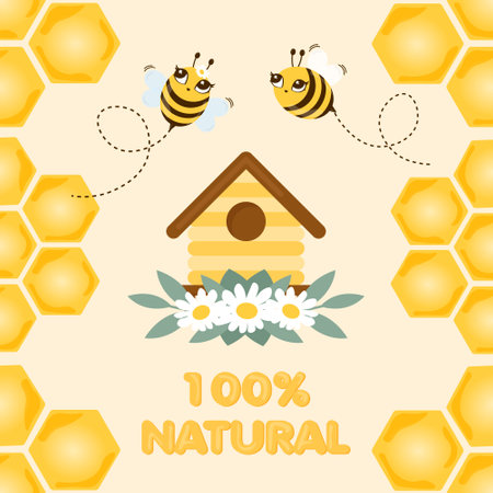 Cartoon stickers Sweet honey, jar of honey, bee and flowers, 100 organic product. Vector illustrationのイラスト素材