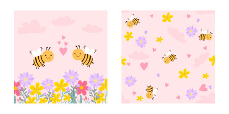 Cute hand drawn spring summer flower bees honey Bright pattern fabric cloth wallpaper wrap paper. vectorのイラスト素材