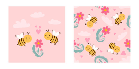 Cute hand drawn spring summer flower bees honey Bright pattern fabric cloth wallpaper wrap paper. vectorのイラスト素材