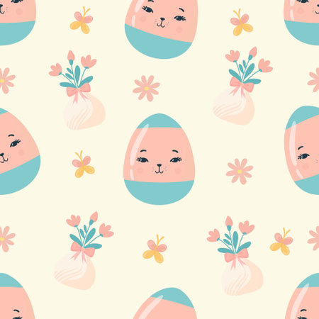 Seamless pattern easter with flowers cartoons eggs with cute facesのイラスト素材