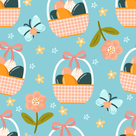 Seamless pattern easter with flowers cartoons easter basketのイラスト素材