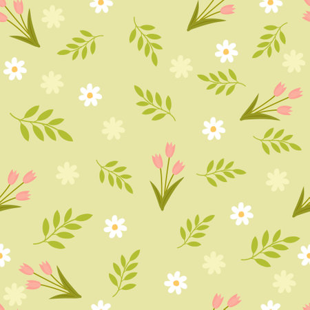Flowers and leaves in flat design seamless patternのイラスト素材