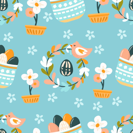 Easter seamless pattern with eggs, birds and flowers. Vector illustration.のイラスト素材
