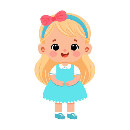 CUTE VECTOR GIRL IN YELLOW T-SHIRT AND BLUE shortsのイラスト素材