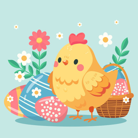 Happy easter card with chicken and eggs flat styleのイラスト素材
