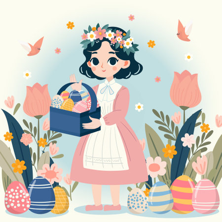 Girl with easter eggs basketのイラスト素材