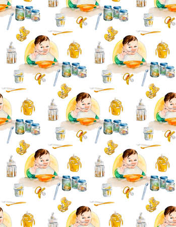 Baby seamless. Watercolor hand drawn. Newborn food. Illustrationの写真素材