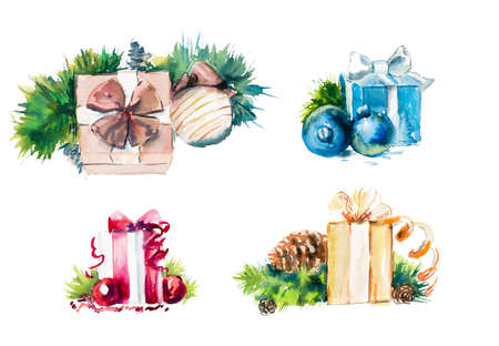 Set with different presents. Watercolor hand drawn illustration.の写真素材
