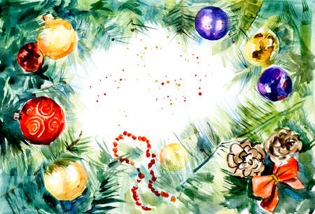 Christmas frame. Watercolor hand drawn illustration.の写真素材