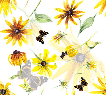 Seamless pattern of yellow rudbeckia. Decoration with blooming flowers. Dark background. Watercolor hand drawing illustrationの写真素材