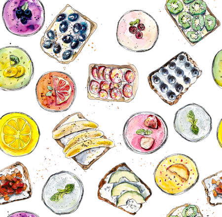 Smoothie and sandwich. Seamless pattern. Watercolor hand drawing illustrationの写真素材
