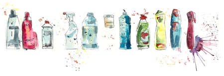 Different bottles. Household chemicals. Watercolor hand drawing illustrationの写真素材