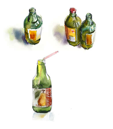Green small glass bottles with natural fruit juice. Watercolor hand drawing illustrationの写真素材
