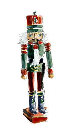 Christmas toy. Nutcracker from wood. Watercolor hand drawing illustration