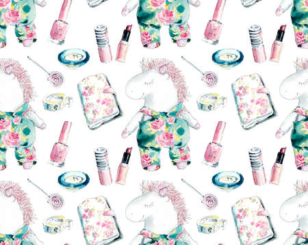 Fluffy pink. Seamless pattern. Watercolor hand drawn iluustrationの写真素材
