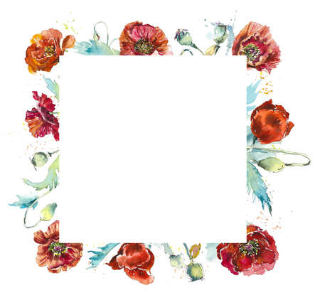 Frame from poppies. Watercolor hand drawn illustrationの写真素材