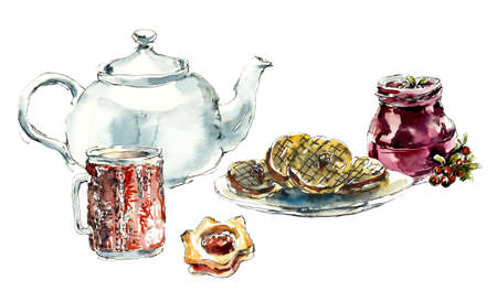 Warm tea in cold weather. Watercolor hand drawn illustrationの写真素材