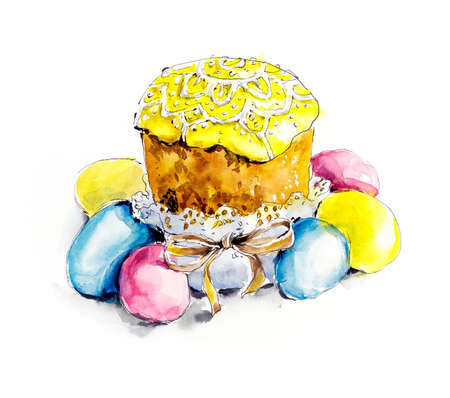 Easter. Cake and eggs. Watercolor hand drawn illustrationの写真素材