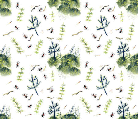 Seamless pattern with ants and horsetail. Gouache hand drawn illustration