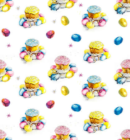 Easter. Seamless background. Cake and eggs. Watercolor hand drawn illustration