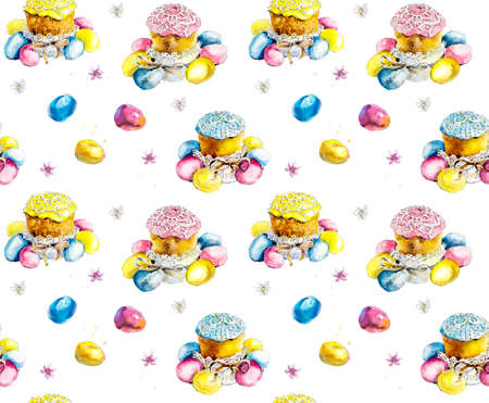 Easter. Seamless background. Cake and eggs. Watercolor hand drawn illustrationの写真素材