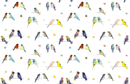 Birds and butterflies. Watercolor hand dawn illustration