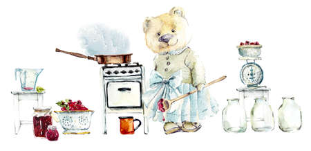 Mother she-bear cooks jam. Watercolor hand drawn illustration.の写真素材