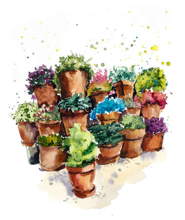 Lot of flowers in pots. Flower backdrop. Watercolor hand drawn illustrationの写真素材